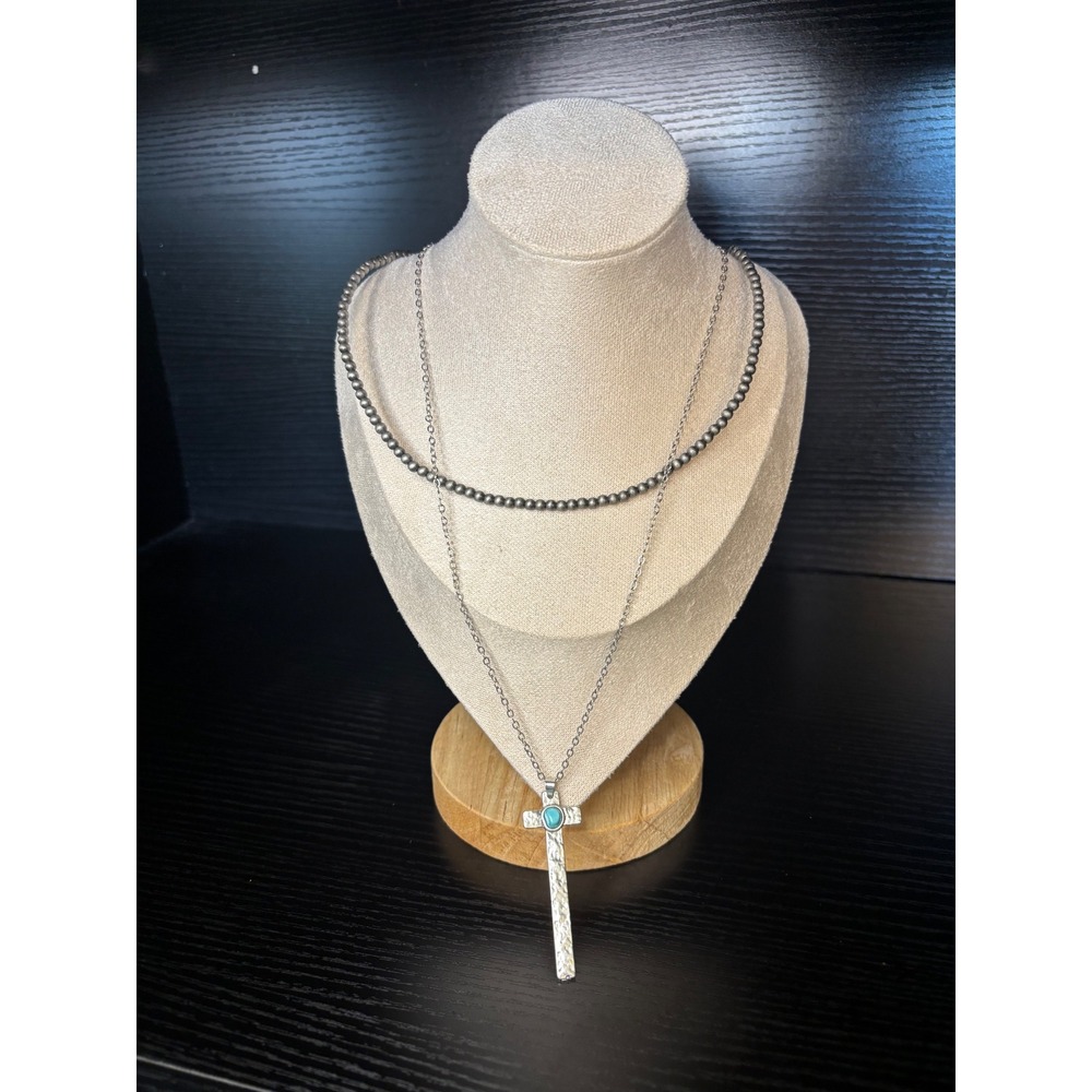 Western Layered Silver Turquoise Cross Necklace Navajo Pearl‎ Bead Boho Choker